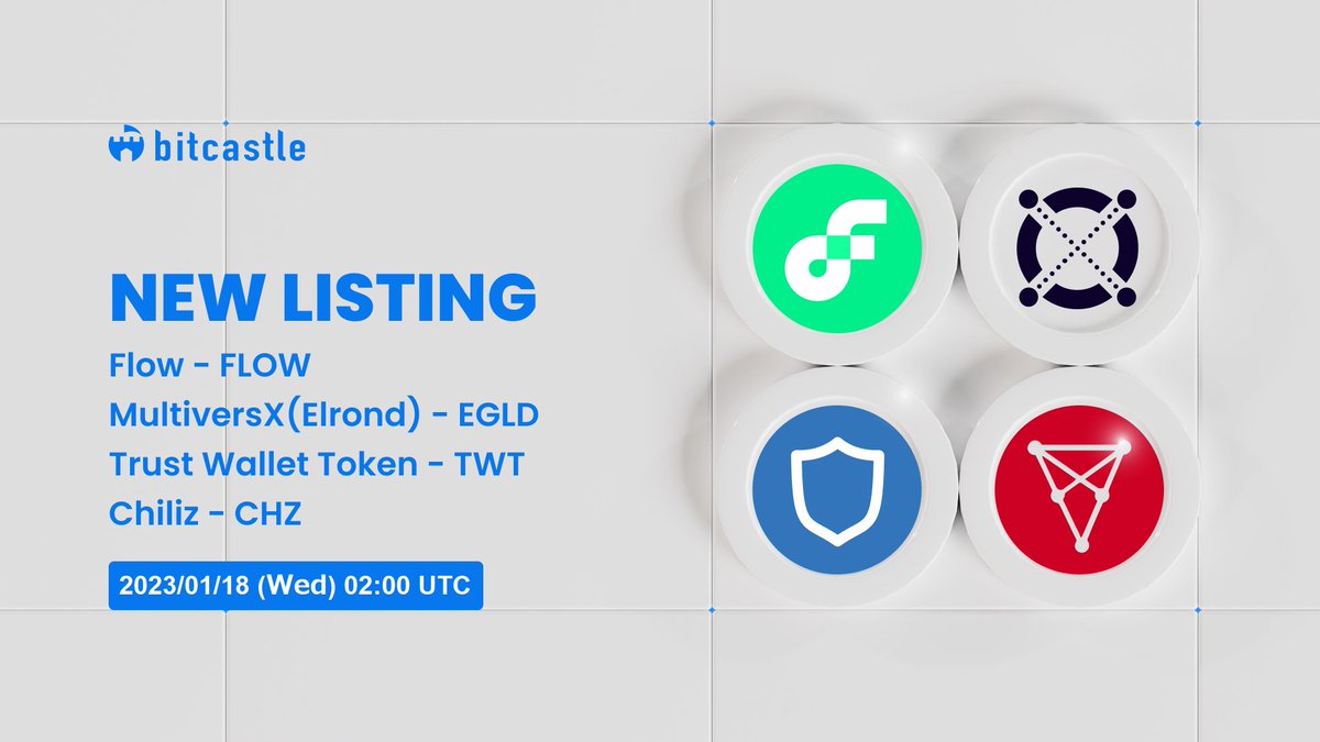 Flow (FLOW) -  MultiversX(Elrond)(EGLD) - Trust Wallet Token (TWT) - Chiliz (CHZ)
is finally available on bitcastle!

The trading starts at 2:00 (UTC)

Please check for details: bitcastle.io/en/notificatio…

Thank you🏰💙