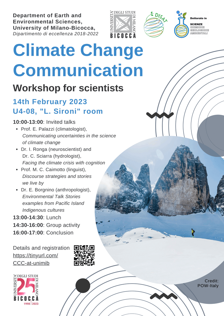 AlicePortal94's tweet photo. With @agomeroni, looking forward to #CCCommunication workshop on the 14th of February at #DISAT @unimib !
Very happy to have with us guest speakers @IreneRonga, @CarlaSciarra, @criscaim8, Elisa Palazzi, Emanuela Borgnino https://t.co/q9BZPCv6X7