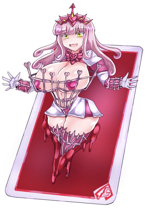 #魔物娘図鑑二次 #魔物娘図鑑 
「ハートのジョーカー ハーレクイン」
ハートの女王の友人である「厄介者」へと贈られた四つのスートのジョーカー「ジョーカーズ」の一員。「檻のクイーン」の名を冠し、「厄介者」の部下であると同時に「厄介者」が起こす悪戯の収集が付かなくなった時に1/3 
