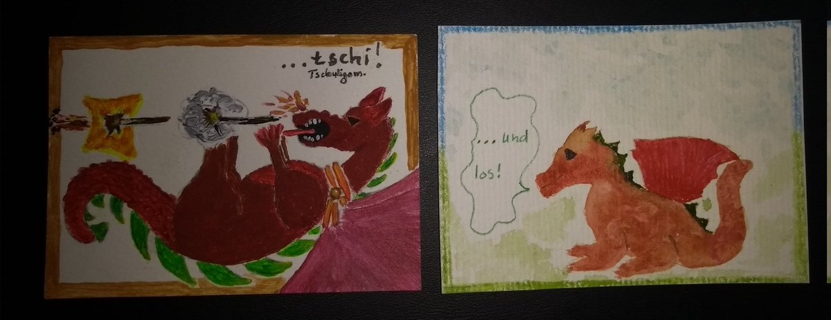 Feinsliebchen1's tweet photo. Der kleine Drache ist wieder gesund und bereit zu neuen Taten!
#StillePost
Links die Ausgangskarte von @kaffeekleckz , rechts meine Fortsetzung!
#KleineKunstklasse
#ATCTausch
Wer möchte weitermachen? https://t.co/O9y1vulZgH