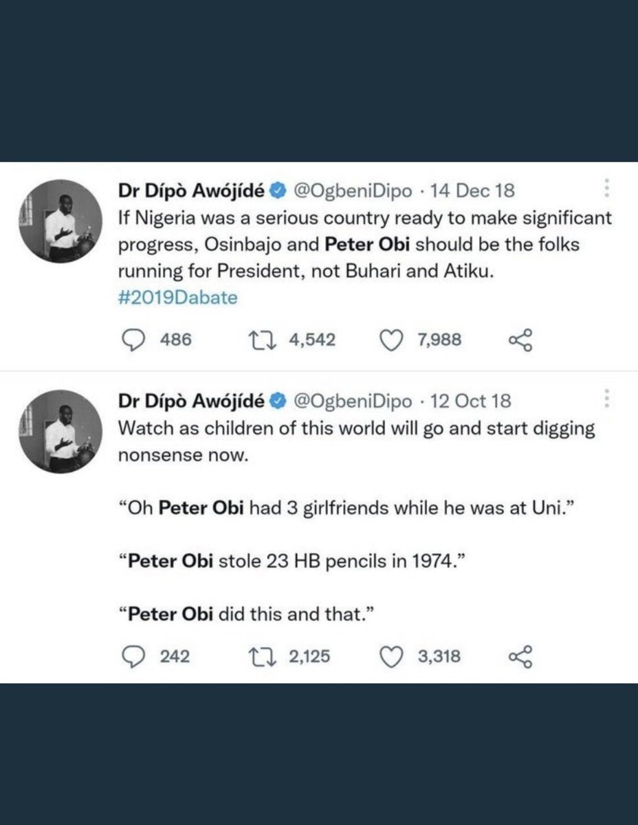 sweetsixtien's tweet photo. Before being bank rolled,this is Ogbeni Dipo writing about Peter Obi and even predicting the SAME THING he is doing to Peter Obi today👉 that people will rise to Lie against PO.

I've never read his APC 
-sponsored tweets cos I know hes working for his money from APC. 
Receipts👇🏽 https://t.co/4teVWQhdyN