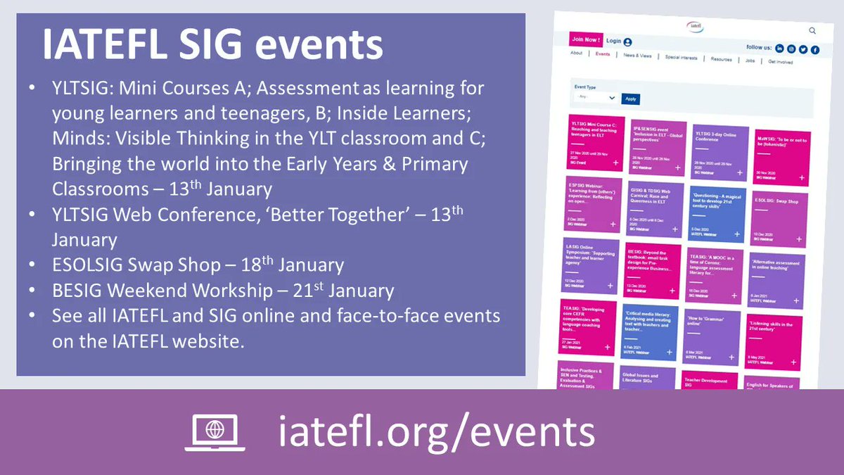 iatefl's tweet photo. Our next few SIG events are coming up soon. Save the dates and don't miss out!

#IATEFL #SIG #webinar #onlineevent #online https://t.co/Zg1xy4gTaO