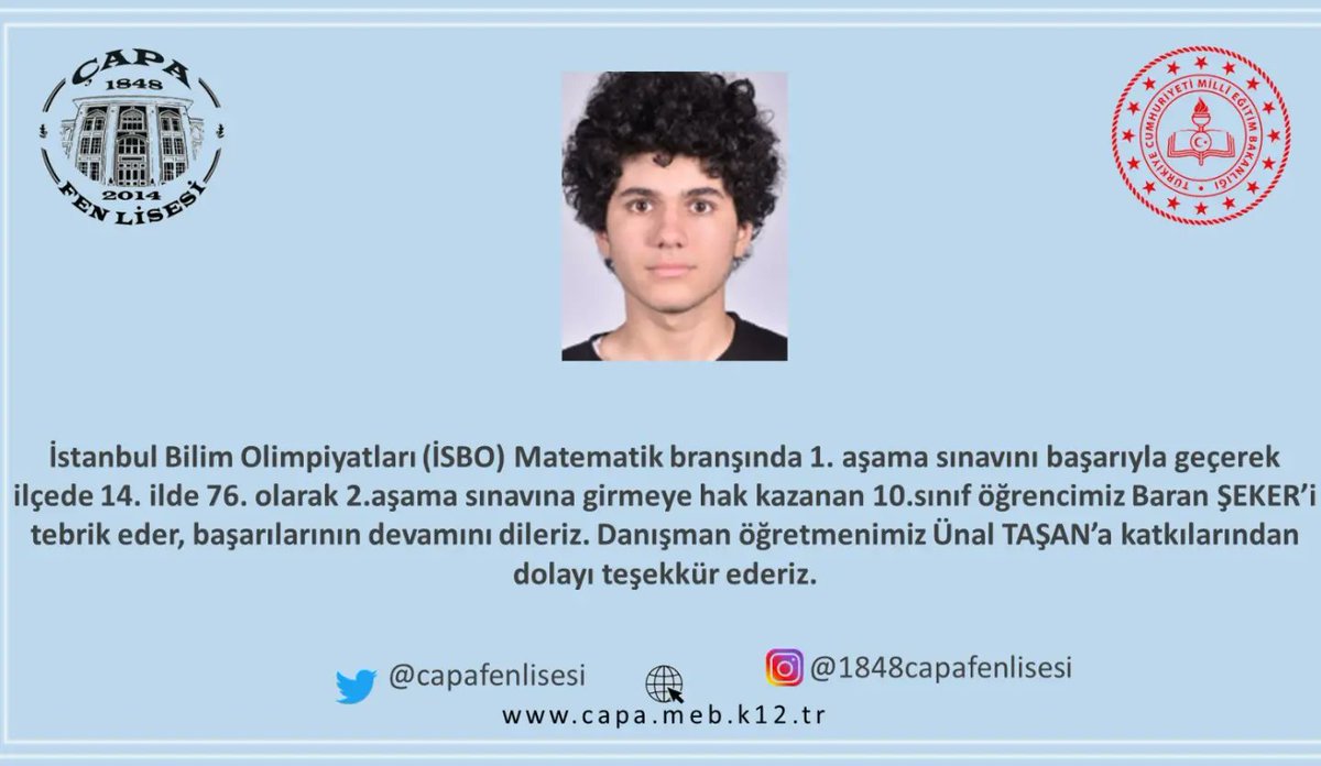 capafenlisesi's tweet photo. İstanbul Bilim Olimpiyatları (İSBO) Bilişim Matematik Kimya ve Biyoloji branşlarında birinci aşamayı geçen öğrencilerimiz ve ilgili branş öğretmenlerimizi tebrik ediyor başarılarının devamını diliyoruz @fatihilcemem @istanbulilmem https://t.co/HpIf4OytBi