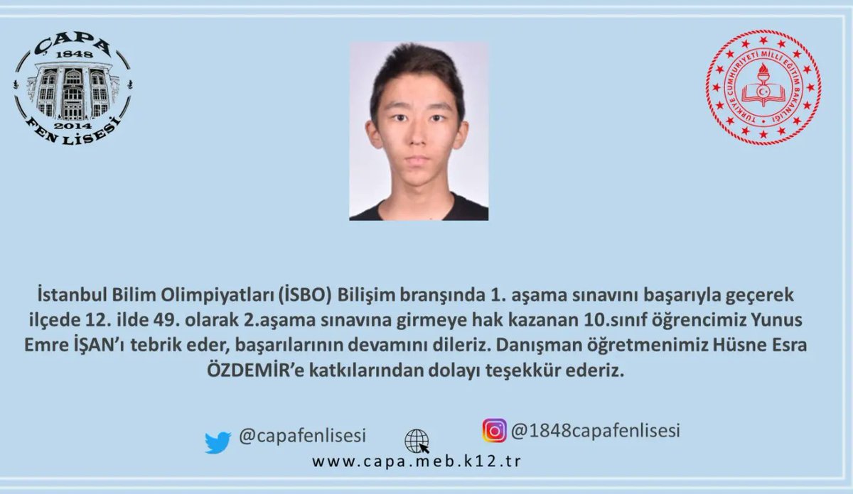 capafenlisesi's tweet photo. İstanbul Bilim Olimpiyatları (İSBO) Bilişim Matematik Kimya ve Biyoloji branşlarında birinci aşamayı geçen öğrencilerimiz ve ilgili branş öğretmenlerimizi tebrik ediyor başarılarının devamını diliyoruz @fatihilcemem @istanbulilmem https://t.co/HpIf4OytBi