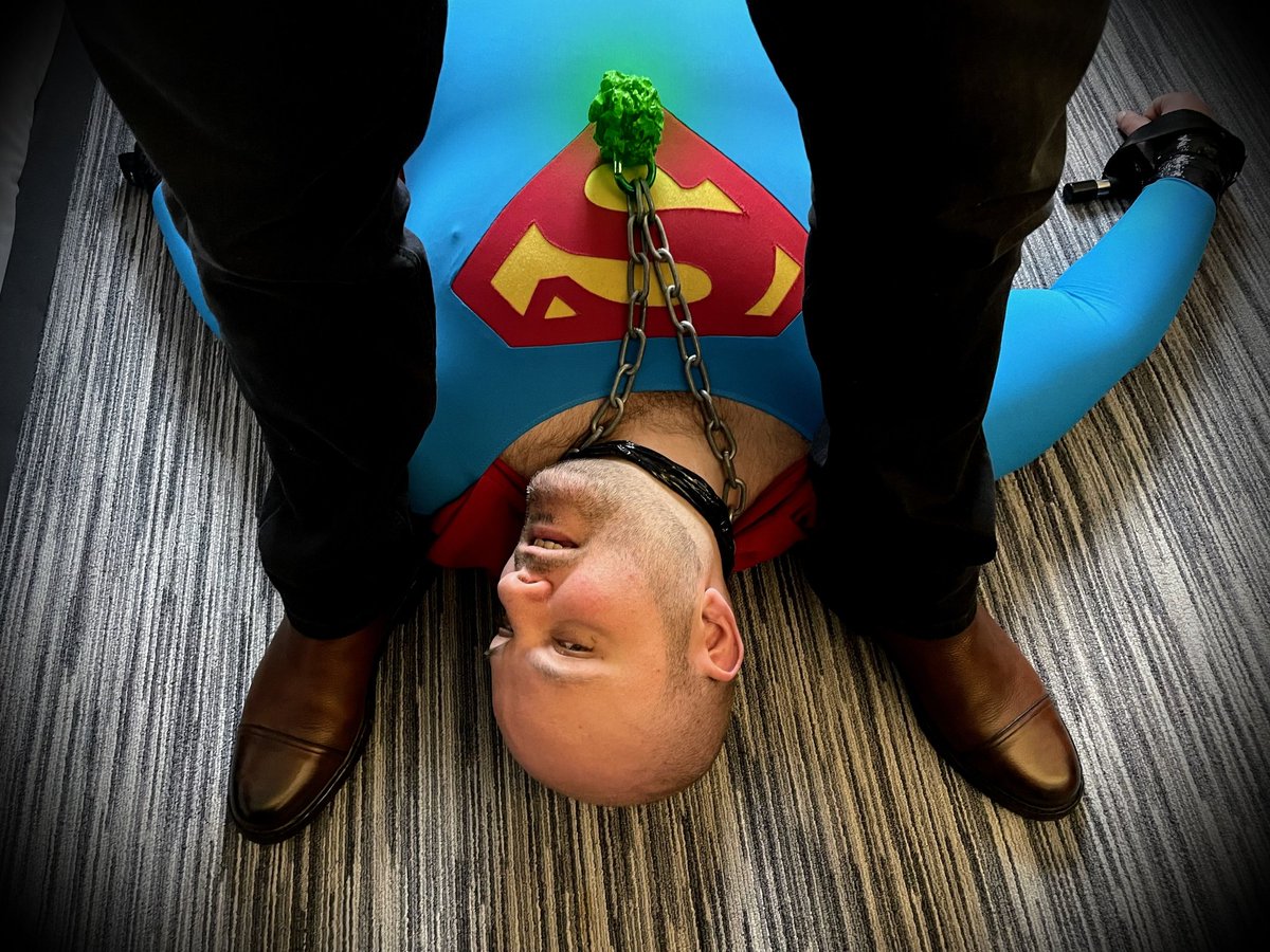 SuperMuscleMan's tweet photo. So, this morning, I had my ass handed to me by the greatest master villain ever.
He strung me up. He used me as a punchbag. He wrapped me up in krypronite film and even forced me to clean his boots. Never has a villain broken me like this before. 

#superslave https://t.co/dojpORfEll