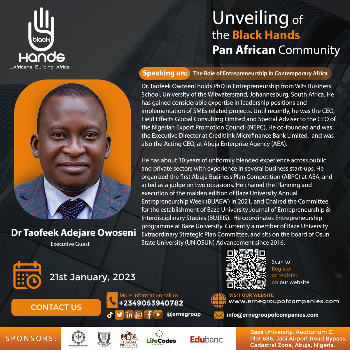 ernegroup's tweet photo. Dr Taofeek Adejare Owoseni, Executive Guest.
Third speaker of the day Dr Taofeek Adejare Owoseni.

Anticipate the Unveiling of the Black Hands Pan African Community.

2023 Pan African Conference Theme: PARADIGM SHIFT 

Date: 21st January, 2023. https://t.co/rwA42hRiHo