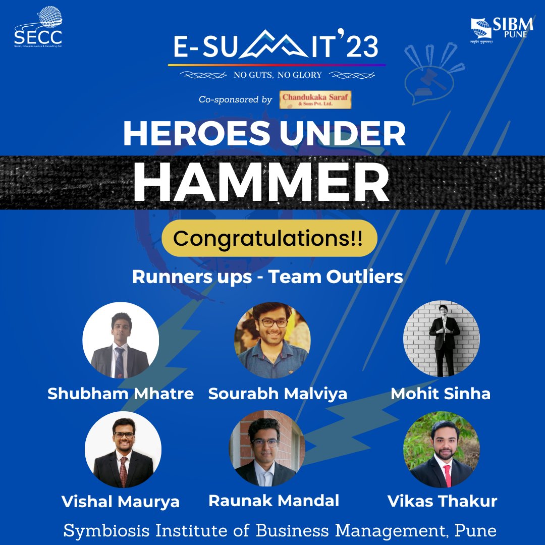SECC, under the banner of 'E-Summit 2023' organised 'Heroes Under Hammer' competition
With great joy, we present to you the winners of this competition. At first place we have Team Helios from SIBM Pune and at second place we have Team Outliers SIBM Pune
#esummit23 #nogutsnoglory