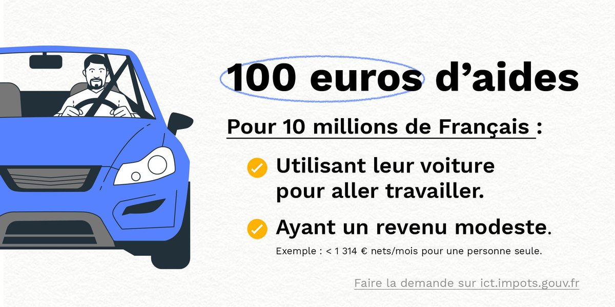 10 millions de travailleurs aux revenus modestes peuvent dès aujourd'hui demander une aide de 100 euros.
Un coup de pouce juste, pour alléger le budget carburant de ceux qui en ont le plus besoin.

→ Pour en bénéficier : ict.impots.gouv.fr