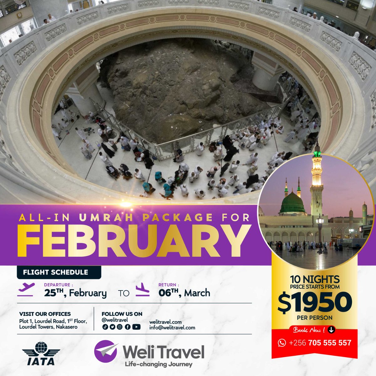 welitravel's tweet photo. We perform Umrah to connect with Allah (Subhanahu Wa Ta’ala- Glory to him, the exalted), achieve Allah’s pleasure, and collect the countless rewards associated with the act of worship.
#WeliTravel #LifeChangingJourney #Umrah https://t.co/QIuKeACPxK