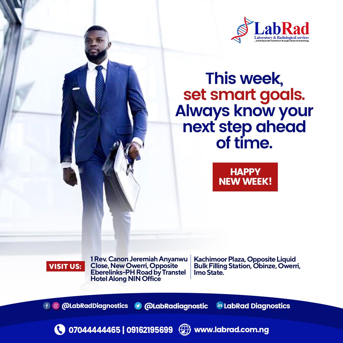 labradiagnostic's tweet photo. Set smart goals this week and achieve them.

Happy new week from all of us at LabRad Diagnostics.

#LabRad #LabRadDiagnostics #Laboratory #Radiology #HappyNewWeek #NewWeek #smartgoals https://t.co/EMxvxmZkCv