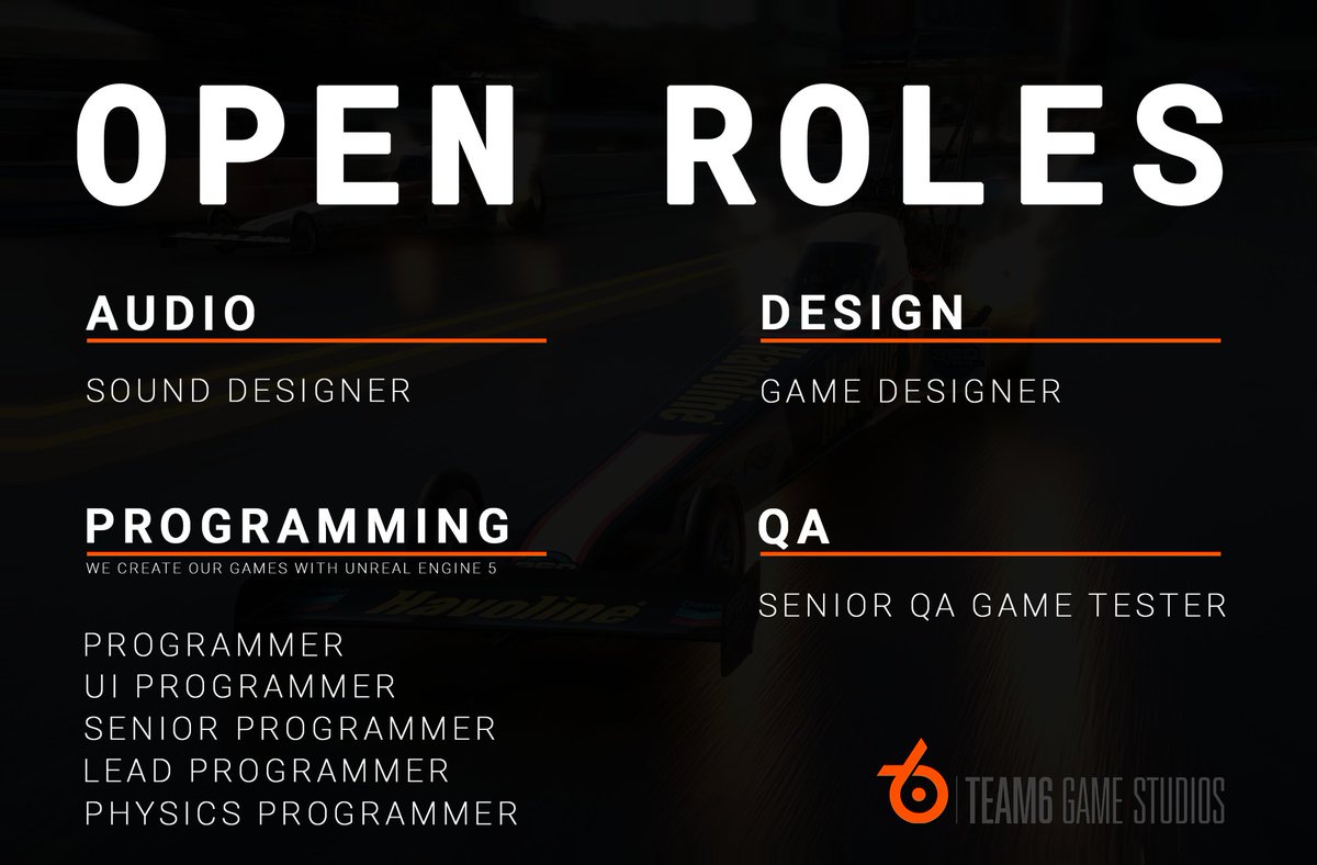 Here at Team6 Game Studios we are hiring new talent to strengthen our team. We are looking for various roles in multiple fields. Please head over to team6-games.com/careers/ and check out our vacancies.
Thank you! Please RT.

😊♥️

#gamedev #gamedeveloper #indiedev #ue5 #gamejobs
