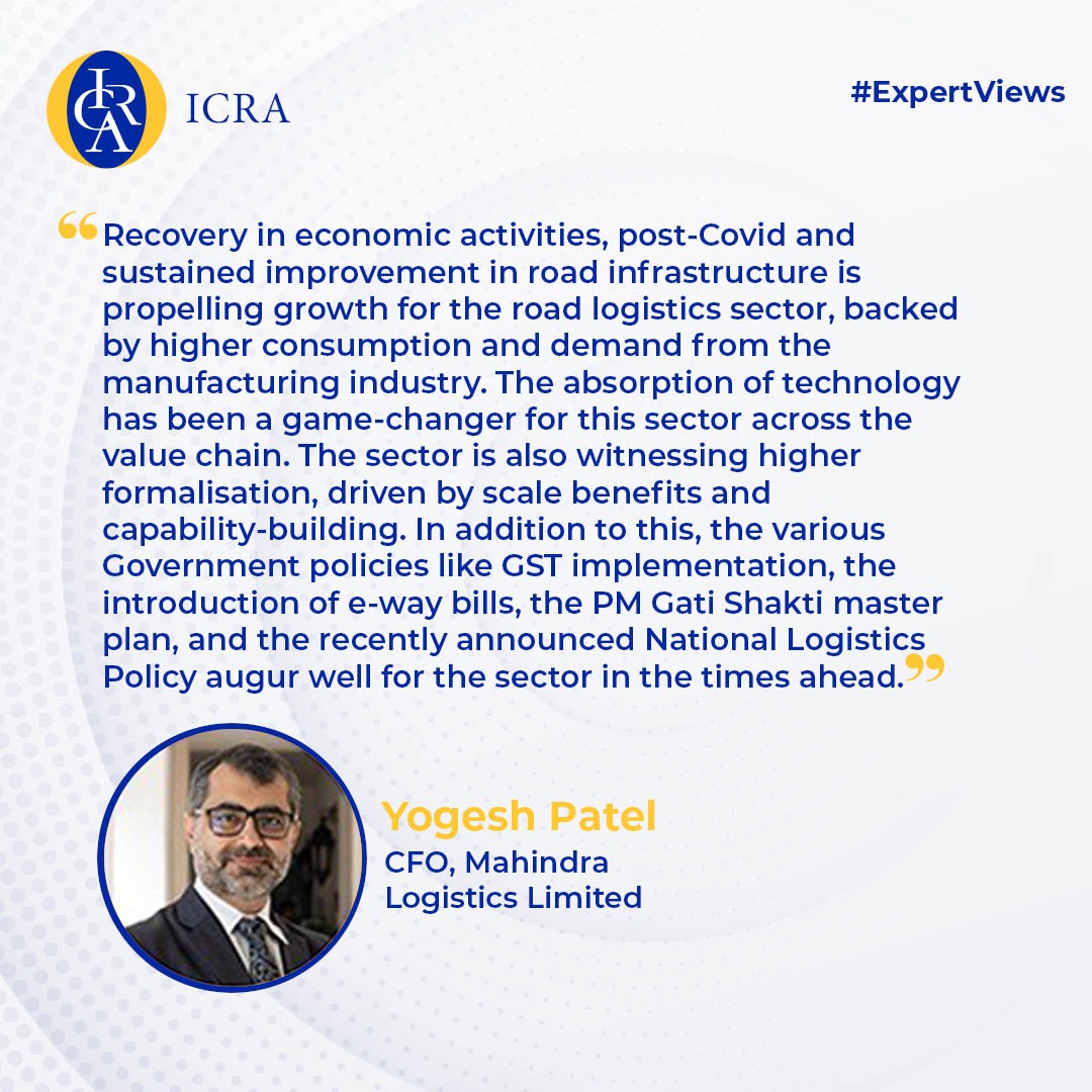 ICRALimited's tweet image. Excerpts from our webinar on #IndianRoadLogisticsIndustry from our Guest Speaker - Mr. Yogesh Patel, CFO, Mahindra Logistics Limited and Mr. Shamsher Dewan, Senior Vice President &amp;amp; Group Head - Corporate Ratings, ICRA.

#ICRAEvents #LogisticSector #Webinar