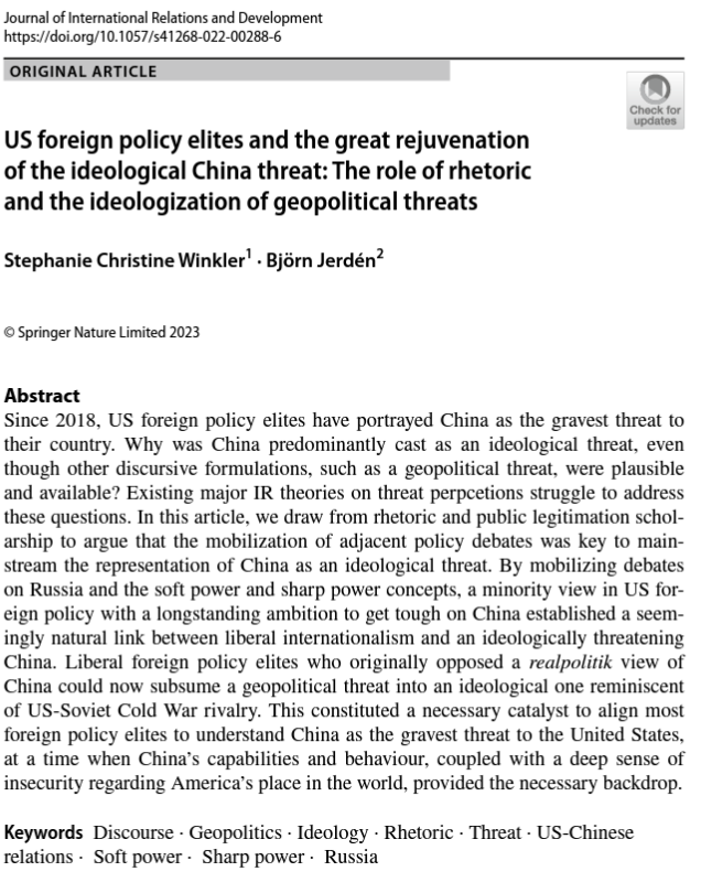 Dr. Stephanie C. Winkler (@scwinkler) on Twitter photo Why & how have US FP elites embraced the depiction of China as an ideological threat even though other discursive formulations were equally plausible & available?
Find out in my article in @JIRD_jour with <a href="/bjornjerden/">Björn Jerdén</a> which is finally out!
link.springer.com/article/10.105… Why & how have US FP elites embraced the depiction of China as an ideological threat even though other discursive formulations were equally plausible & available?
Find out in my article in @JIRD_jour with <a href="/bjornjerden/">Björn Jerdén</a> which is finally out!
link.springer.com/article/10.105…
