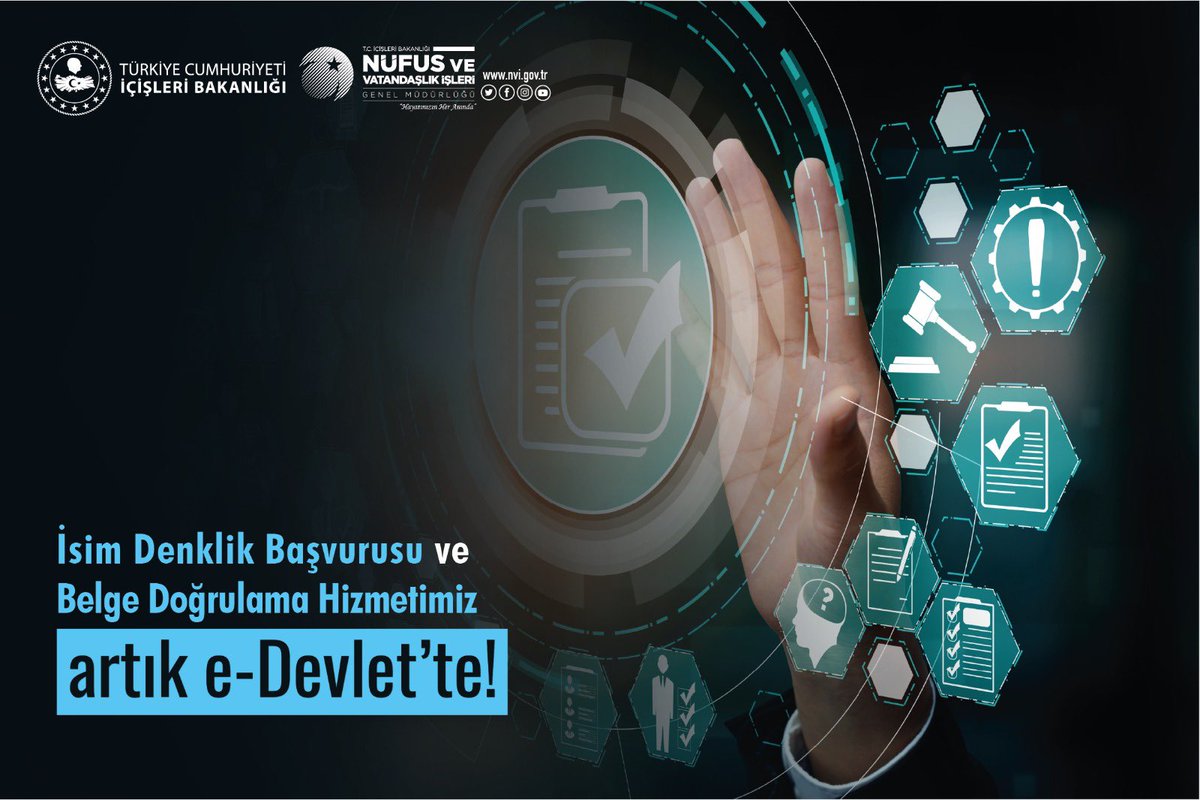NVİ’de yenilik bitmez.. İsim denklik başvurularınızı artık e-devlet kapısından yapabilirsiniz., Yeni haftaya Bismillah <a href="/TCNufus/">Nüfus ve Vatandaşlık İşleri Genel Müdürlüğü</a> #HayatınızınHerAnında