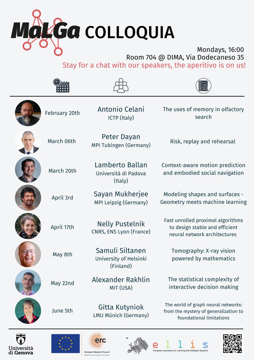 #MaLGaColloquia is coming!
#malga_center will host 8 leading experts in fields related to #AI and #ML. All #talks are open to the public, come join us and stay for an aperitivo with the speakers!
#medicalimaging #robotics #statisticallearning #optimization #reinforcementlearning