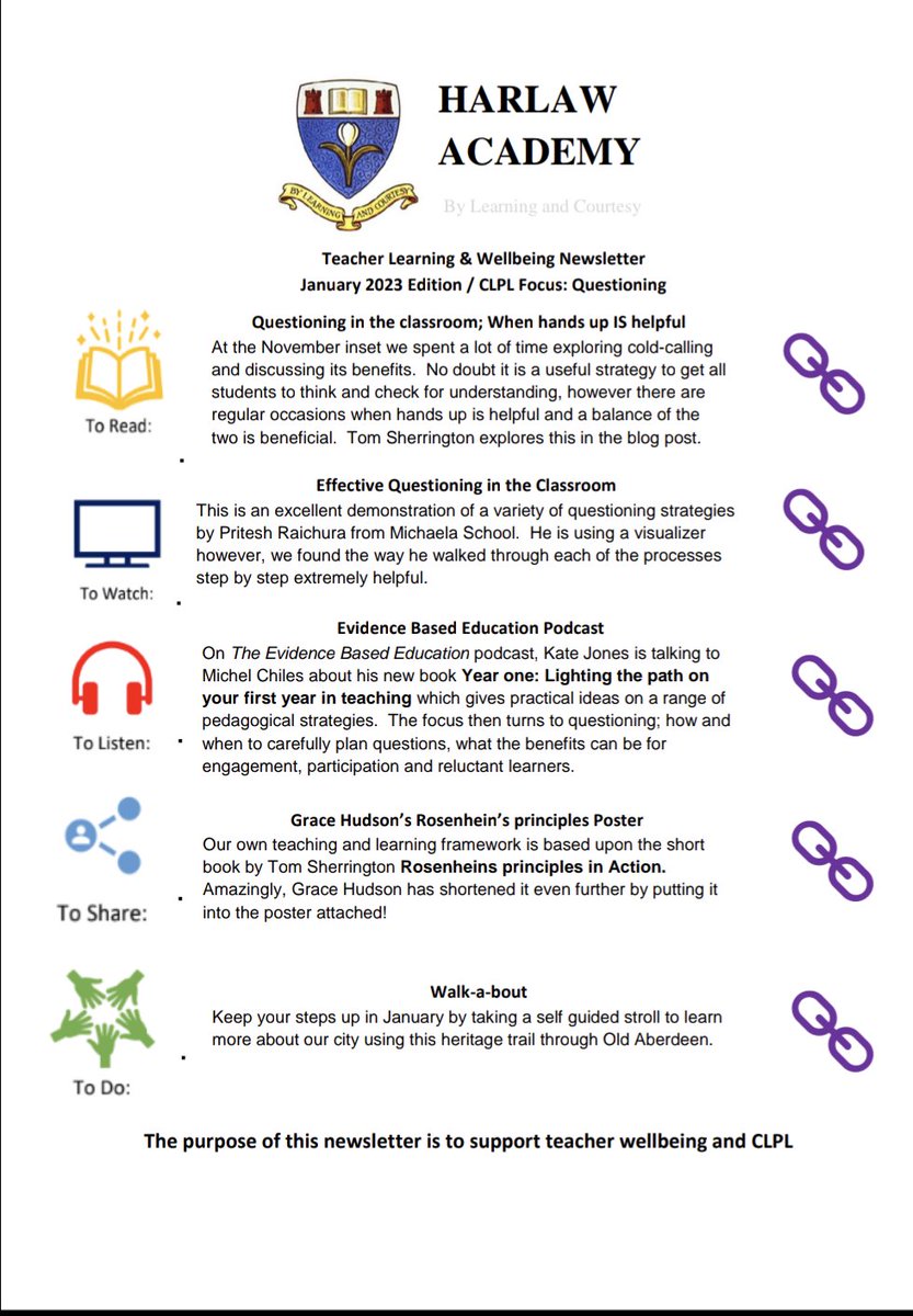 HarlawTeach's tweet photo. Our January edition of the T&L newsletter has gone out this morning. This one focuses on questioning and contains some links to great resources from @teacherhead , @KateJones_teach and @MissH_biology. #dialogicteaching #questioning https://t.co/yyEnKsU0tC