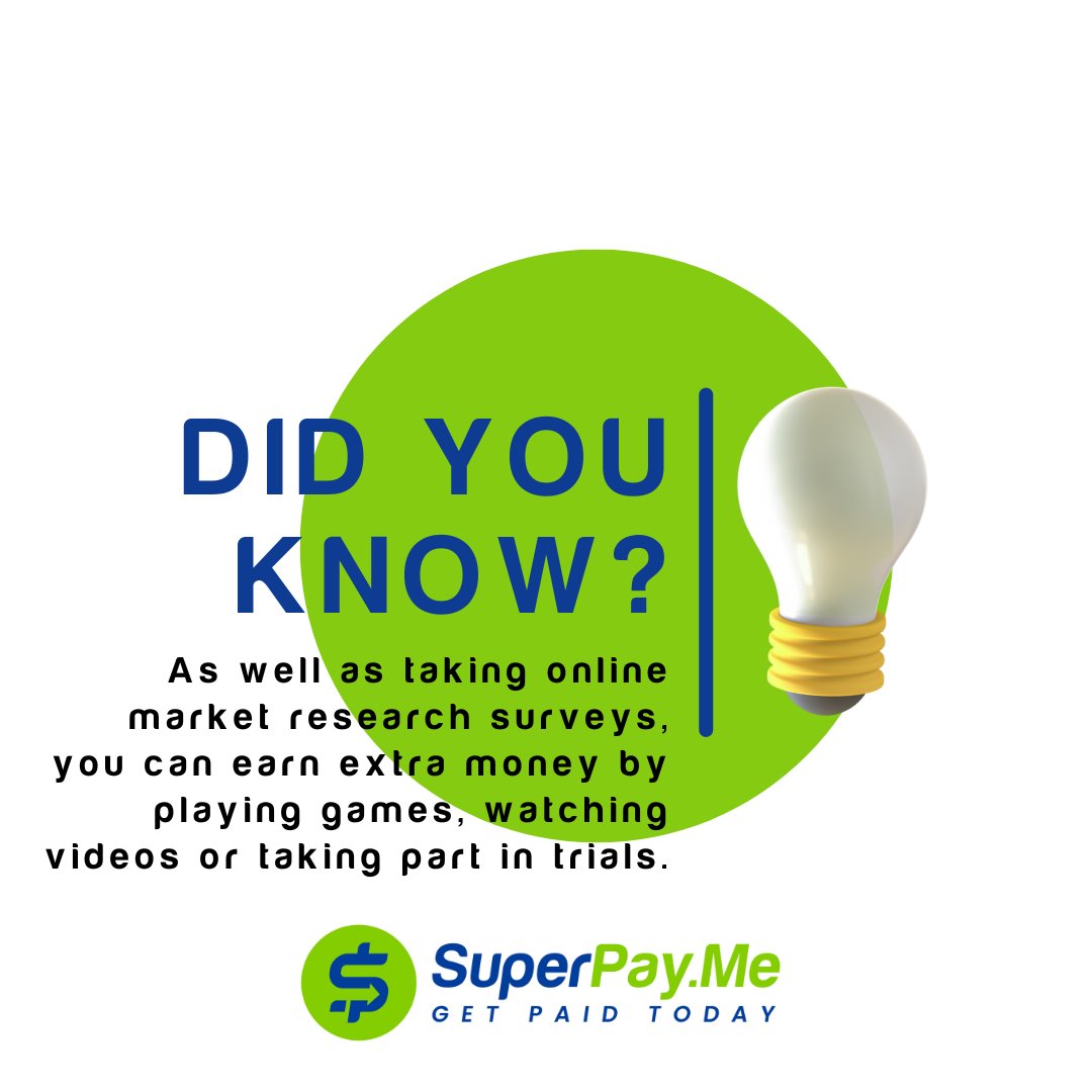 superpayme's tweet photo. Did you know? 🤔

As well as taking online market research surveys you can earn extra money by playing games, watching videos or taking part in trials.

👉https://t.co/deLnaV4IUF  

#makemoneyonline https://t.co/kqRD4kEm2o