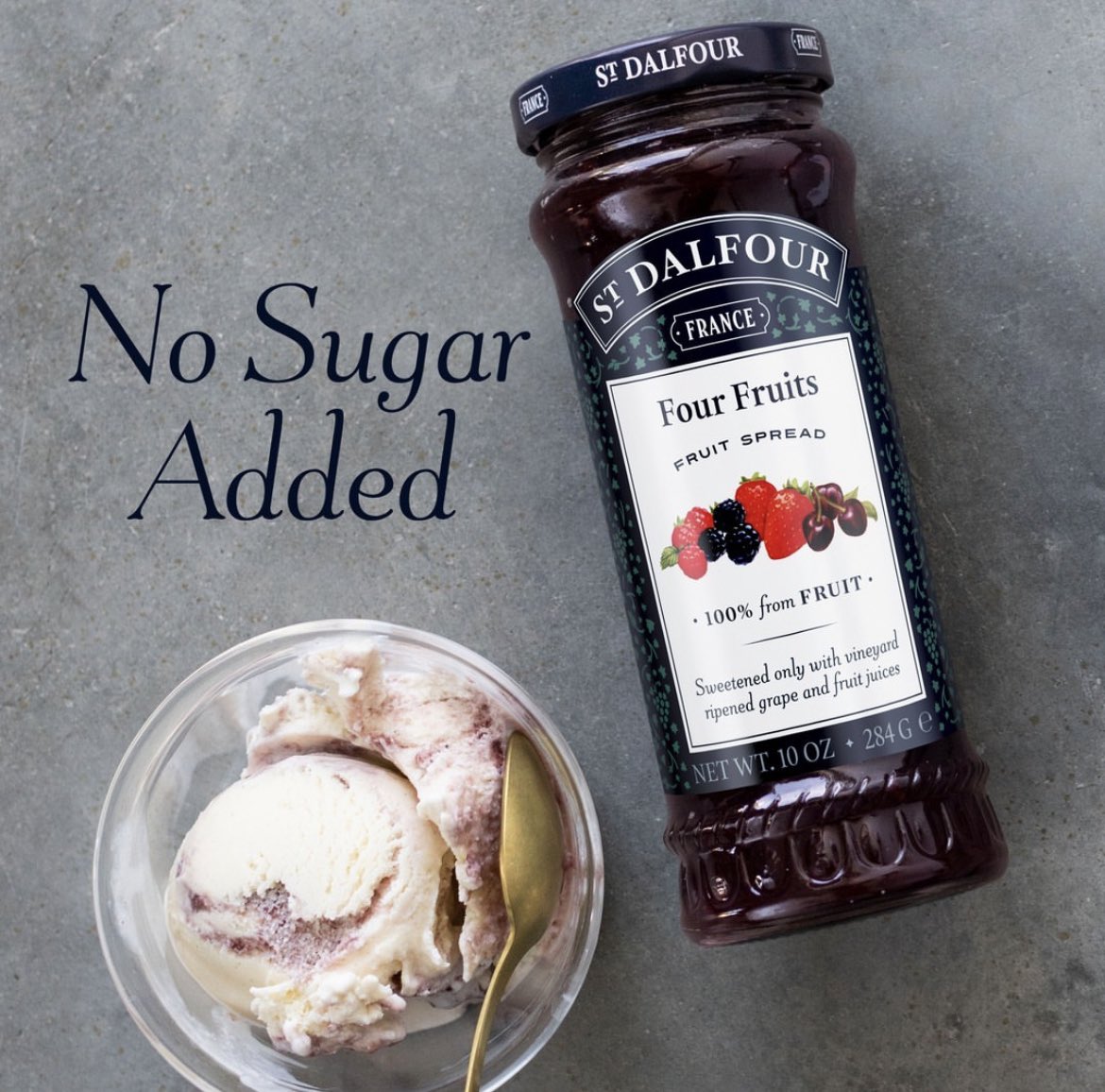 Following a traditional French recipe, St. Dalfour Fruit Spreads are sweetened with vineyard-ripened grape and fruit juices. No cane sugars, corn syrups or artificial ingredients ever used.