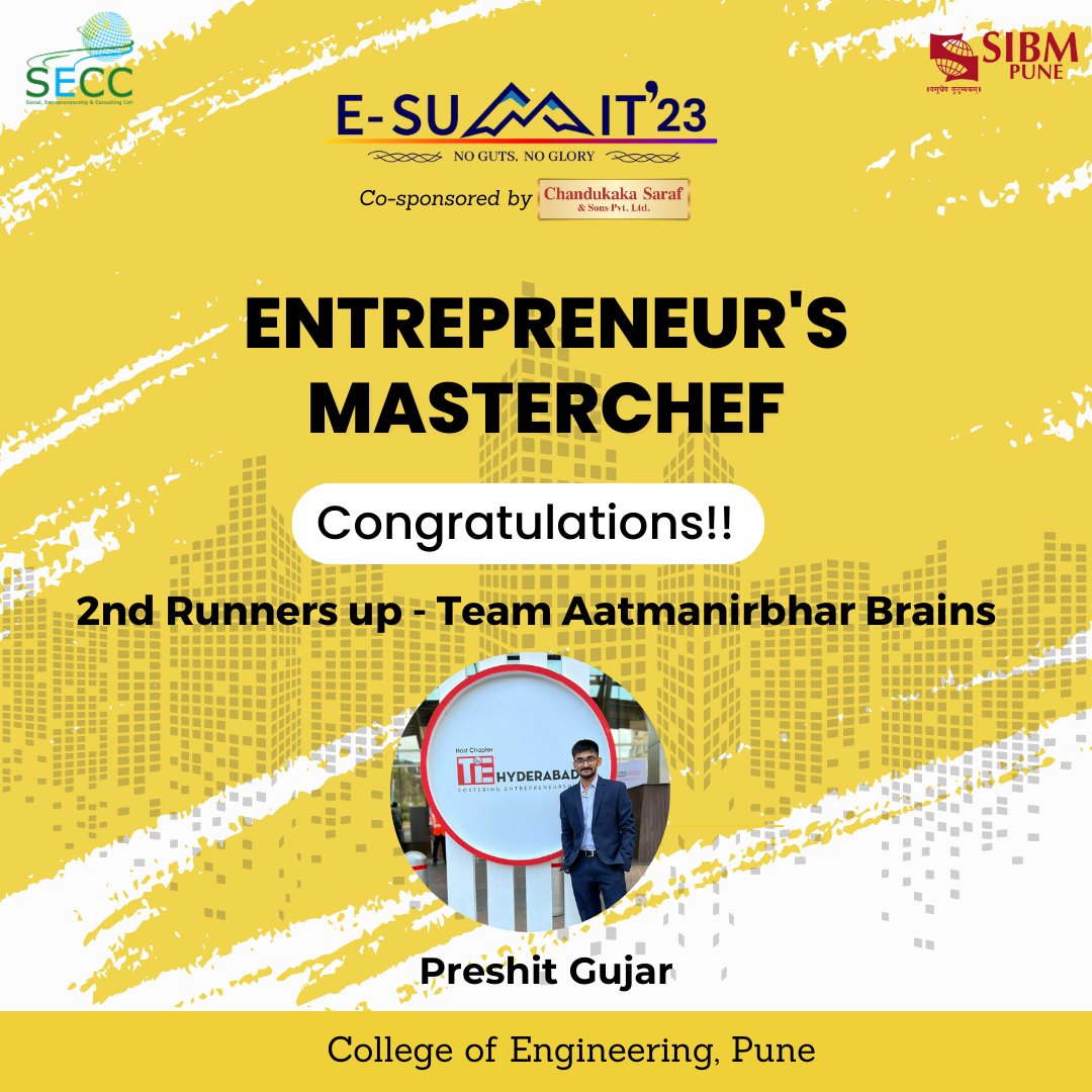 With great joy, we present to you the winners of this Entrepreneur's MasterChef competition. At first place we have Team Invictus from SIBM, Pune, at second place we have Team Malav Shah from SIBM, Pune and at third place we have Team Aattmanirbhar Brains from COEP.