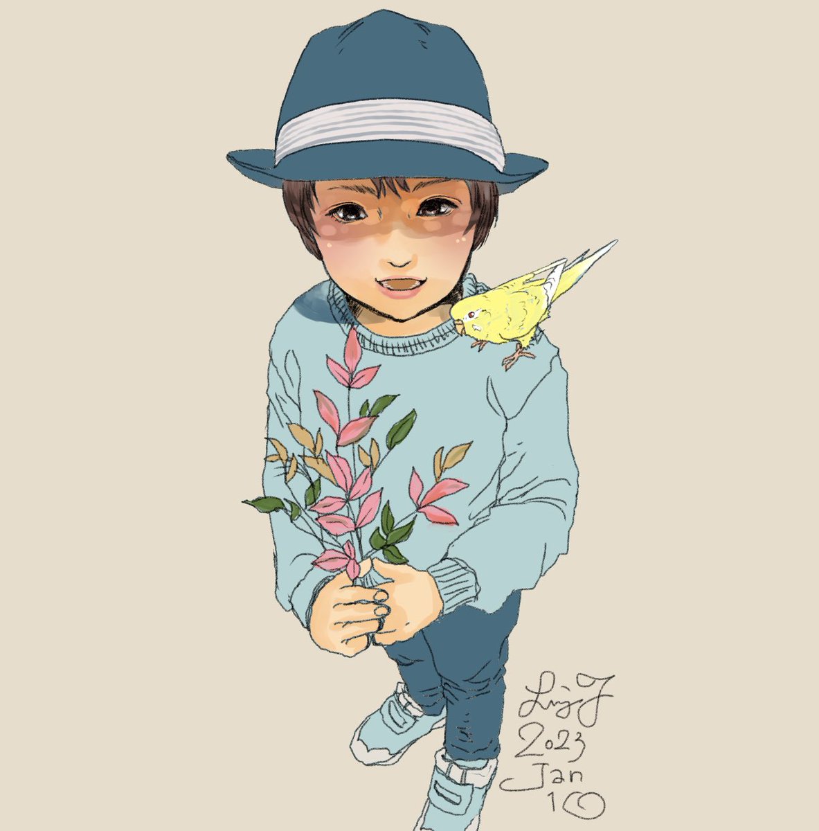 「#かぞくのかたち 今は虹の橋の愛鳥たちとちびすけの成長の思い出画をシリーズで描い」|Liz青いことり工房のイラスト