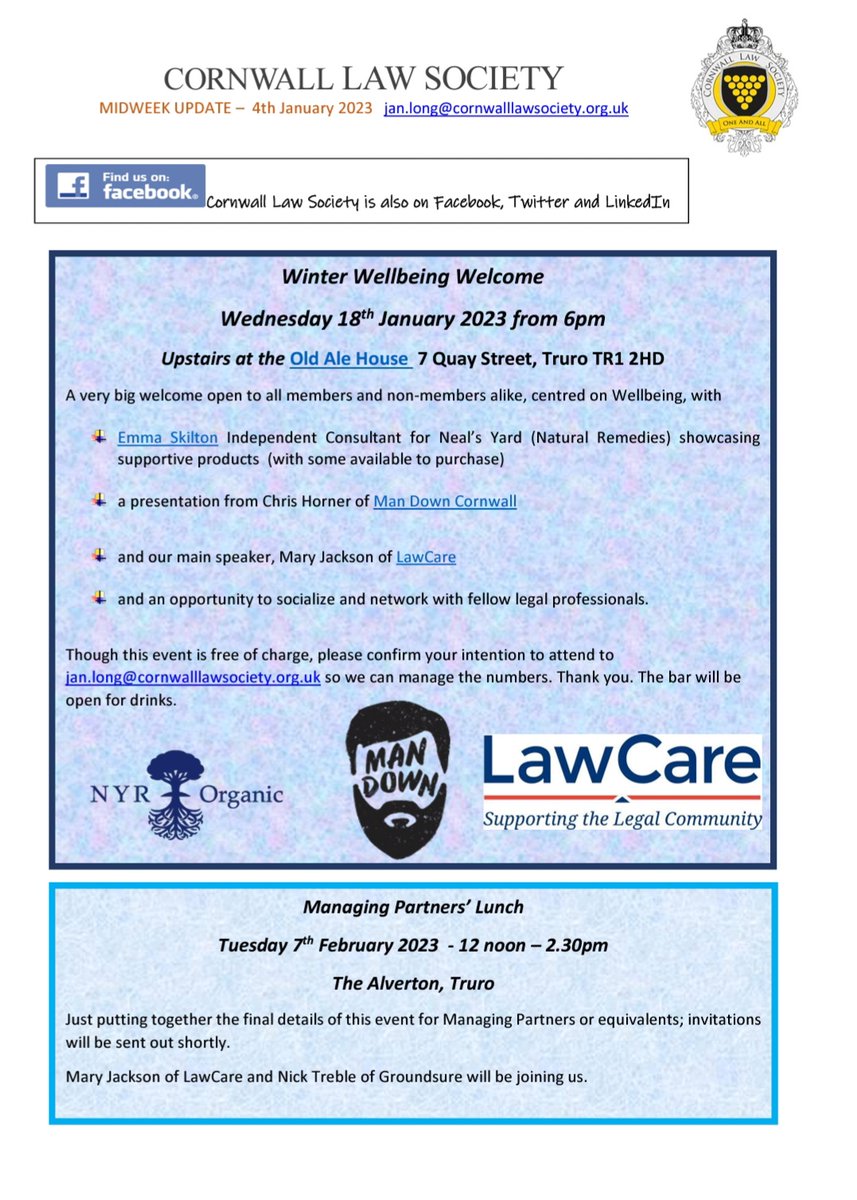 Our friends at <a href="/cornwalljld/">Cornwall Junior Lawyers Division - Cornwall JLD</a> are hosting a winter well being event which may be of interest to <a href="/PlymouthJLD/">Plymouth JLD</a> members.

🗓 18 Jan 2023
⏰ 6pm
🏢 Old Ale House, 7 Quay Street, Truro

If you want to attend please follow the sign up instructions. 

#wellbeing #selfcare
