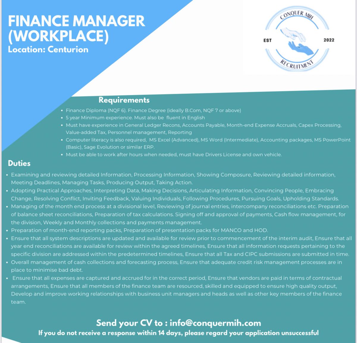 MelodyMiyaVibe's tweet photo. Please may you you retweet 🙏🏾

1. Finance Manager (Two posts available) https://t.co/wWZH1QFa0n