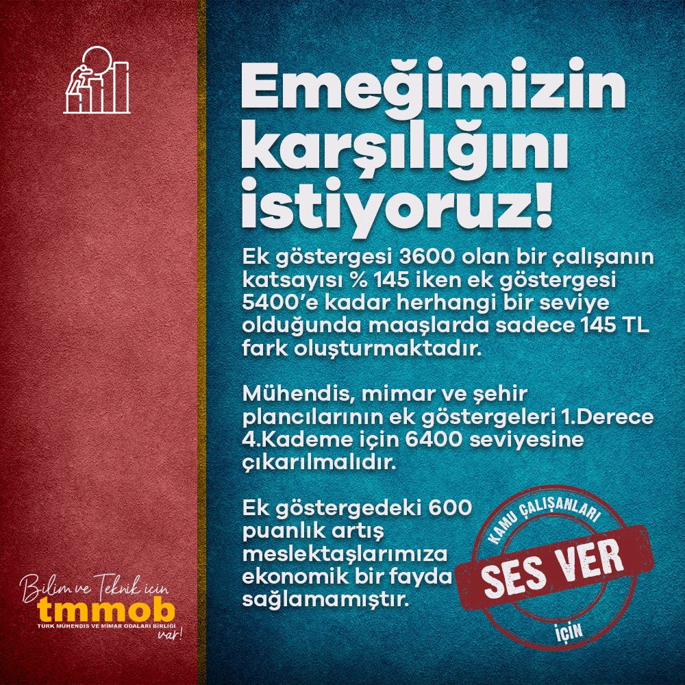 Kamuda ek gösterge oranlarının mühendis, mimar, şehir plancıları için yeniden düzenlenmesini, çarpan grubu değişen diğer çalışanlar gibi bu çalışanların da emeklilikte hak ettiklerini alabilmeleri için yeni ek gösterge rakamlarının belirlenmesini istiyoruz!
#EmeğimizİçinSesVer