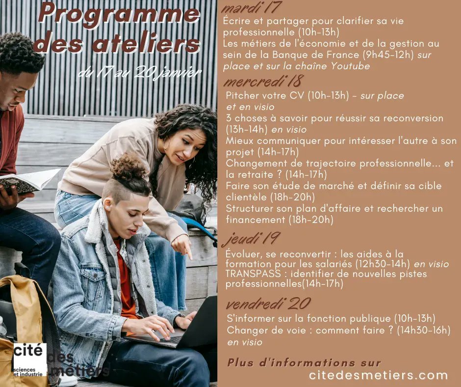 👉 Cette semaine :
📆 mar. > vend. 10h > 18h | Sam. 12h > 18h  
✔️conseils 
✔️ateliers
✔️ressources documentaires 
Infos, contact &amp; inscriptions : buff.ly/2ZnQ5JP 
<a href="/bibliothequeBSI/">Bibliothèque - Cité des sciences et de l'industrie</a> <a href="/BSolidarite/">Barreau de Paris Solidarité</a> <a href="/RessacAdherent/">RessacVolontariat</a> <a href="/LaTortueBleue/">La Tortue Bleue</a> <a href="/Primaveras_fr/">Primaveras - L'École du Sens au travail</a> <a href="/Apec_IDF/">Apec Ile de France</a> <a href="/banquedefrance/">Banque de France</a>