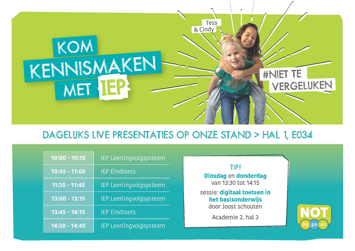 BureauICE's tweet photo. #PO - Ben jij je aan het oriënteren op het IEP LVS of de IEP Eindtoets? Van 24 t/m 28 januari is IEP te vinden op de NOT! Op onze stand volg je dagelijks presentaties. Stel je vragen aan jouw IEP-adviseur of aan één van onze IEP-scholen. Bekijk het volledige programma. https://t.co/33uKXQCzwU