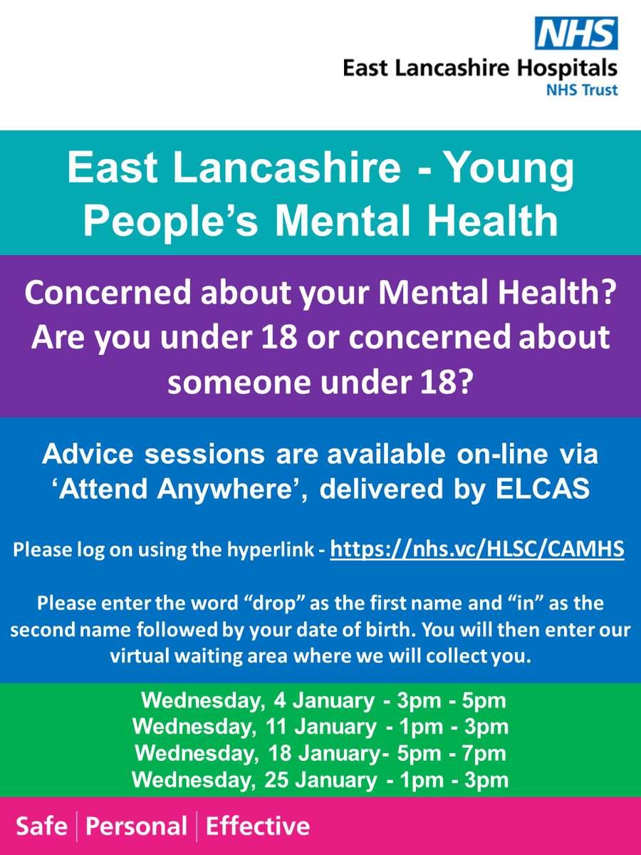 ELHT_NHS's tweet photo. Are you concerned about your mental health, or someone else's under 18? ๐ง Our #ELCAS Team have online advice sessions available for you to receive further support
To log on and access further information on dates and times please visit ๐ https://t.co/gMSjSE1EWM; https://t.co/V8NE52IFDv
