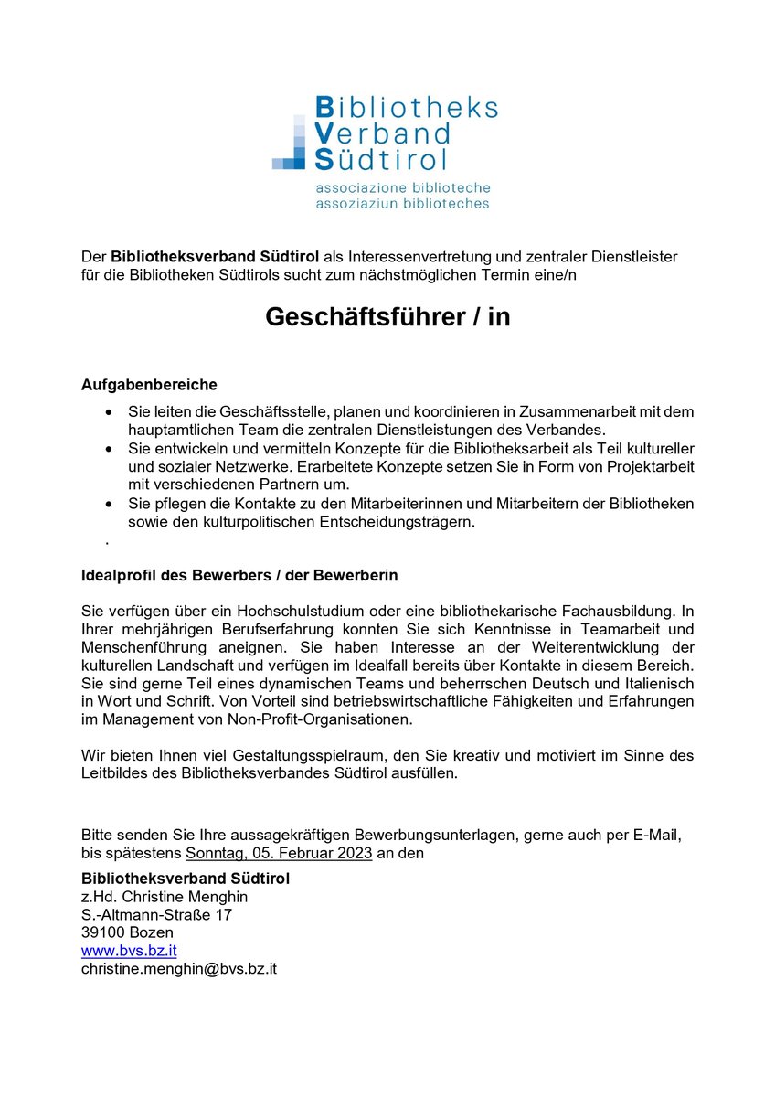 bvs_bz's tweet photo. ‼️ Der Bibliotheksverband Südtirol sucht 🔎🧐 eine*n 𝗻𝗲𝘂𝗲*𝗻 𝗚𝗲𝘀𝗰𝗵ä𝗳𝘁𝘀𝗳ü𝗵𝗿𝗲𝗿*𝗶𝗻! Bitte fleißig teilen ‼️ 🙏🙏 https://t.co/CiKIhrfbft