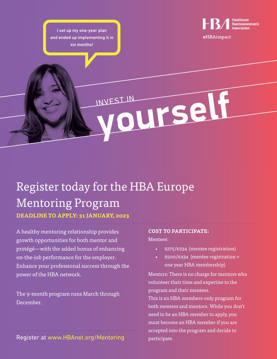 hbanet_eur's tweet photo. Do you want to learn, develop, grow and progress on your personal goals? Get insights and new perspectives from industry leaders and broaden your network through our HBA mentoring program. 👉 https://t.co/HICB1fvhcQ 

#investinyourself #HBAimpact #HBAEurope #community #mentoring https://t.co/POiUfzXNfp