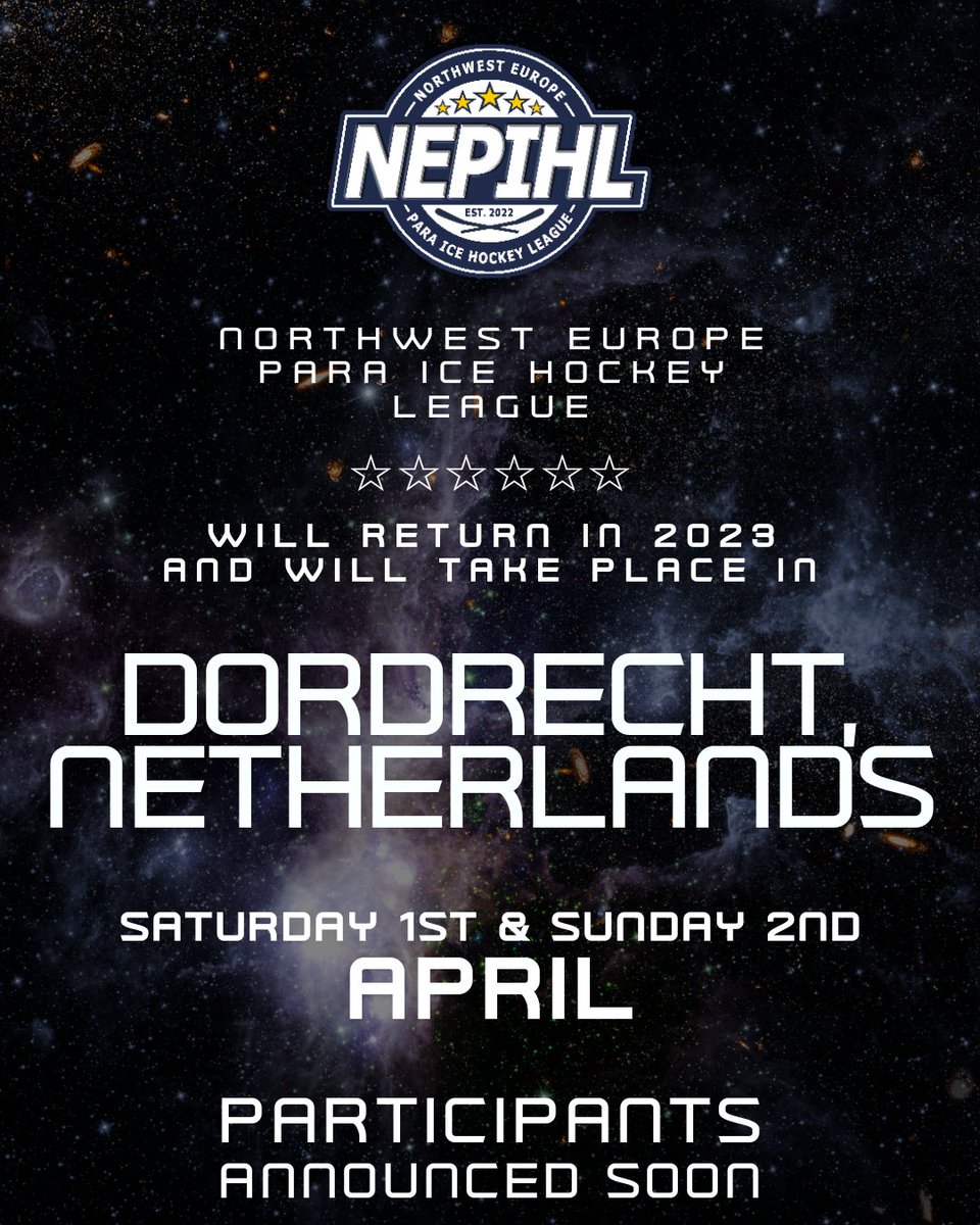 🚨 WE'RE BACK 🚨

Mark your calendars! The Northwest Europe Para Ice Hockey League will return to the city of Dordrecht in the Netherlands for 2023!

Make sure you join us in April!

#NEPIHL #ParaIceHockey