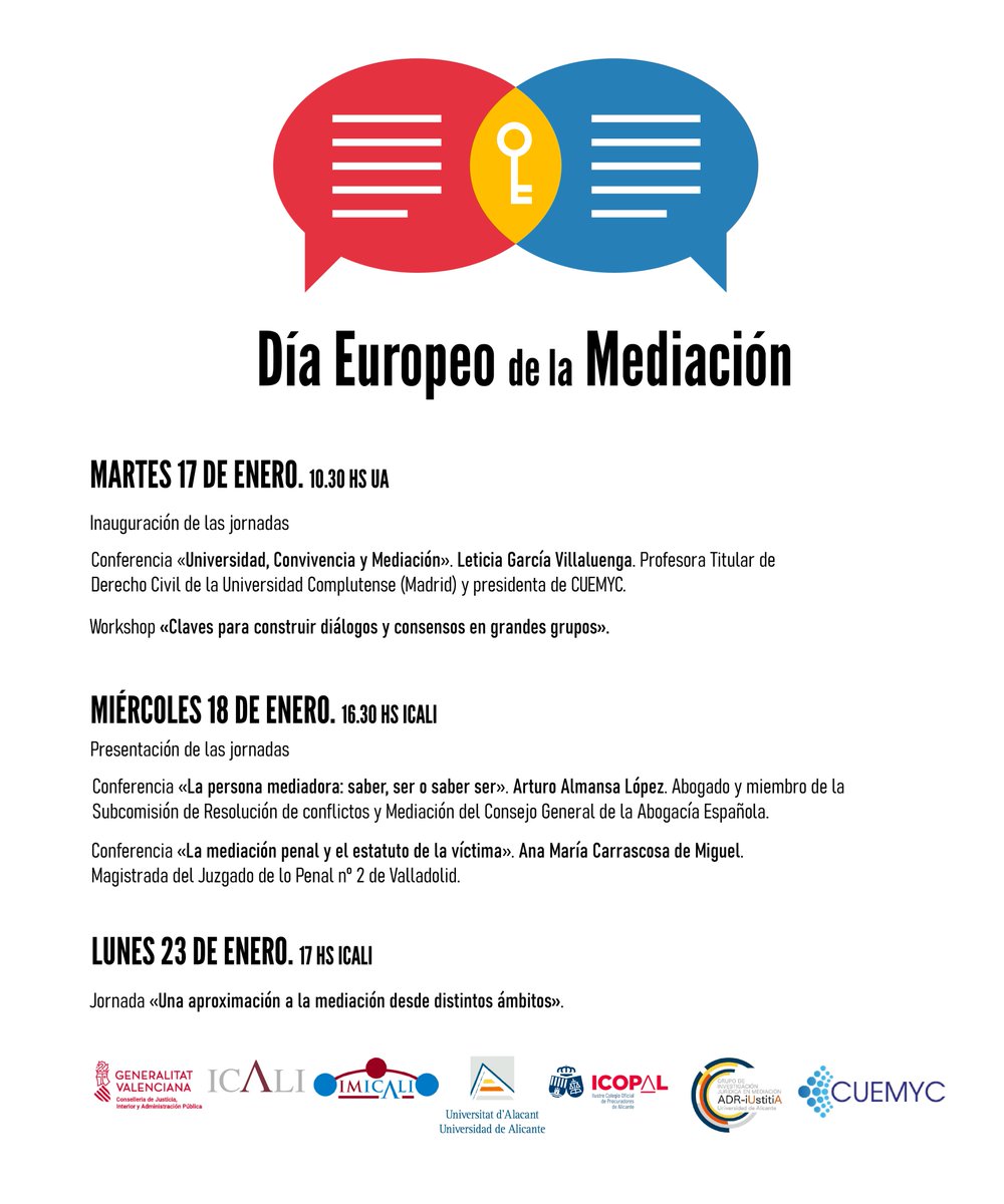 ICALI_ColegAbog's tweet photo. 📢Mañana damos inicio a las jornadas en torno al #DíaEuropeoMediación

💬Podéis consultar el programa completo y realizar vuestra inscripción aquí 👉 https://t.co/z7trvV0SOJ

¡Os esperamos! https://t.co/W9vYcBHSuC