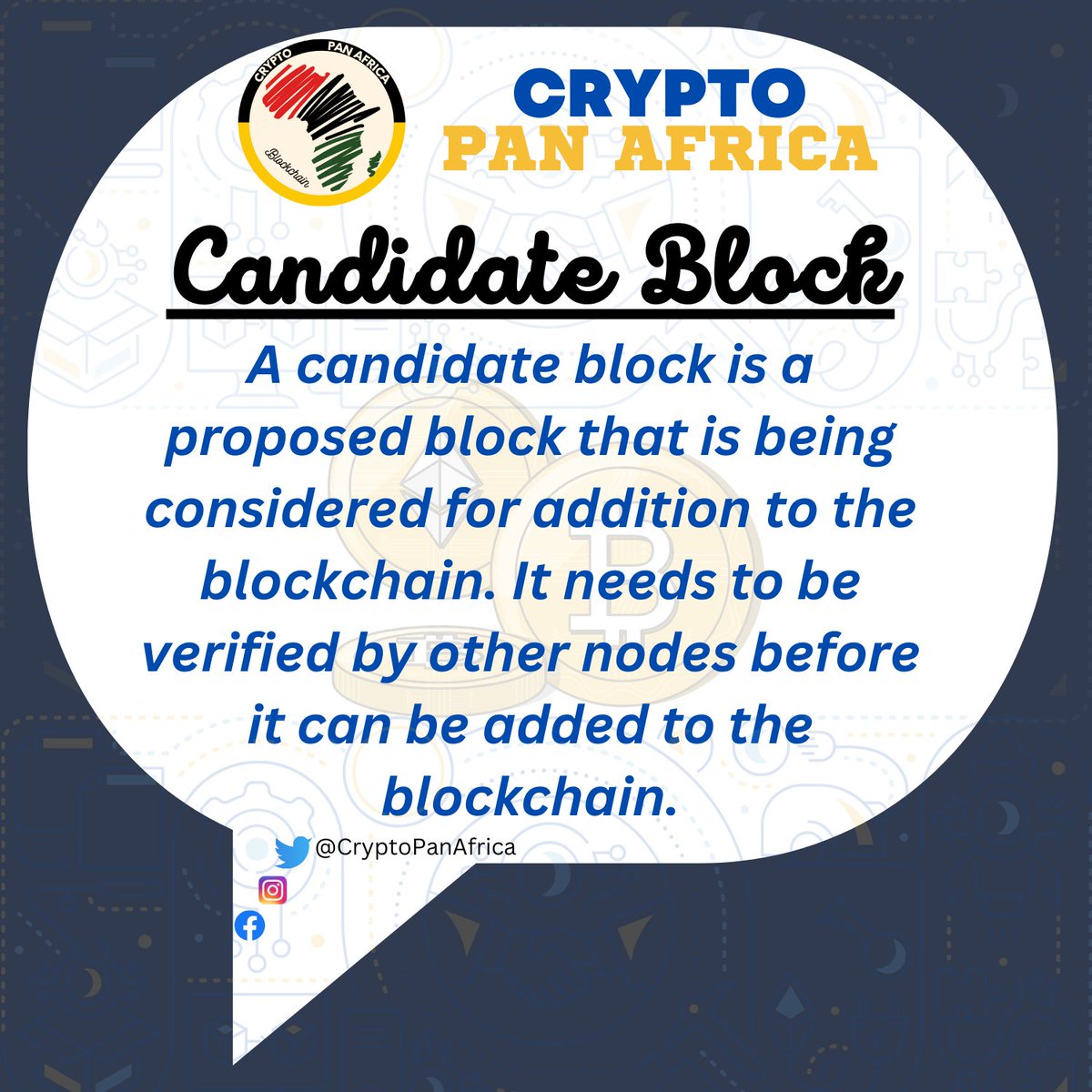 CryptoPanAfrica's tweet photo. Q: What is #CandidateBlock ?
A: _ _ _ _ _____________________
#Cryptocurrency #Blockchain #Mining #Verification #TwitterPost #Crypto #DigitalLedger #Transactions #BlockProposal #BlockAddition #CryptoPanAfrica https://t.co/AqtmUCkIuJ