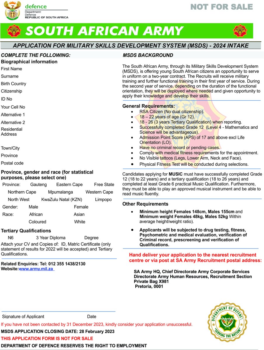 SANDF_ZA's tweet photo. SA National Defence Force Military Skills Development System Application Forms || SA Army || Applications ARE NOT FOR SALE. Under no circumstances will it be required for money to change hands when receiving/submitting MSDS Application Forms.

#SANDF
#SAArmy https://t.co/gQwJMFpI1V