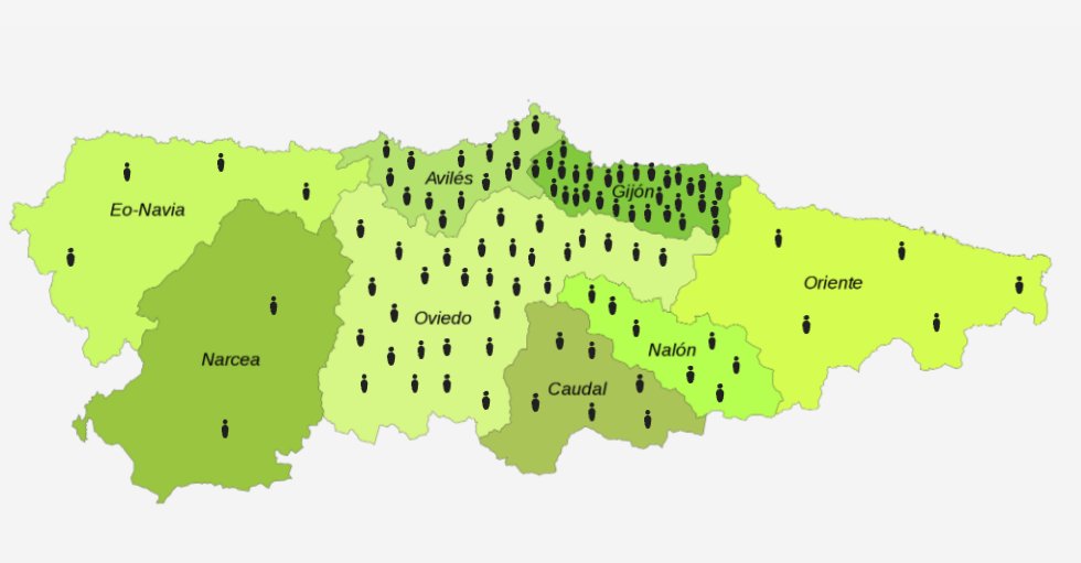 RuralxData's tweet photo. Si 100 personas vivieran en Asturias, cómo sería su distribución por comarcas? #asturias #oviedo #gijon #aviles #nalon #narcea #navia #caudal #oriente https://t.co/mtlzg9NCTQ