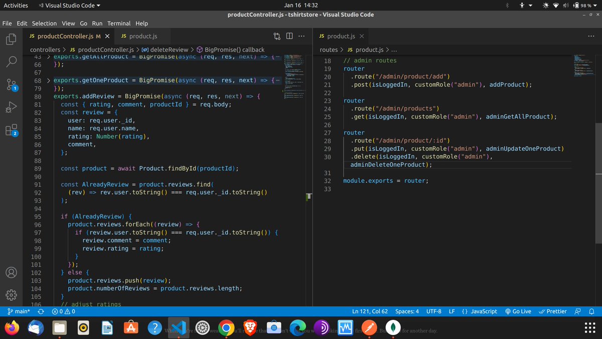saadat_1997's tweet image. 🔴 Day 25 #100DaysOfCode
🔀 Added more product routes and controllers
Now I can get all Product's or a single Product, can add/delete a review of a particular product
#iwritecode