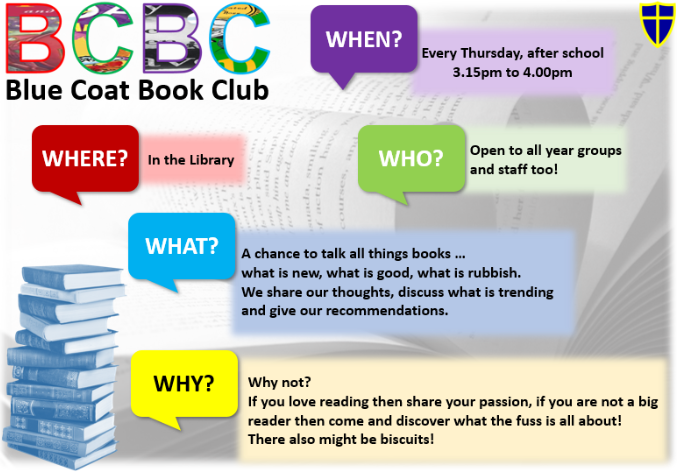 BlueCoatCofE's tweet photo. Blue Coat Book Club (BCBC) is on Thursday after school in the library! #BCLibrary #BCBiscuits https://t.co/fyaOjOau4F