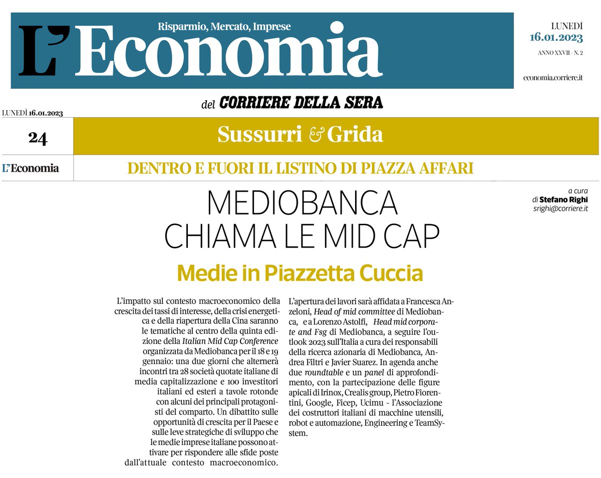 mediobanca's tweet photo. #MBPress - L’impatto sul contesto macroeconomico della crescita dei tassi di interesse, della crisi energetica e della riapertura della Cina: questi i temi al centro della 5ª Italian Mid Cap Conference organizzata da Mediobanca, in agenda il 18 e 19 gennaio.
#MBMidCapConference https://t.co/BVwXEBpwET