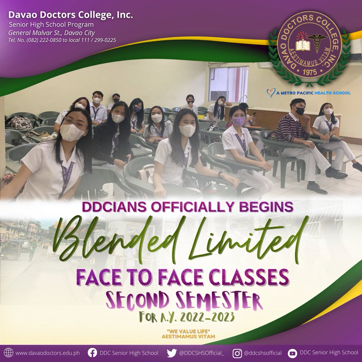 DDCSHSOfficial_'s tweet photo. HAPPENING NOW || 2ND SEMESTER

Davao Doctors College - Senior High School opened its gates to DDCians for the Second Semesteral Period.

The DDC-SHS is back on its second flight with the school's philosophy capsulized by the phrase, "Aestimamus Vitam" Latin for, "We Value Life". https://t.co/JSxm2Olj9A