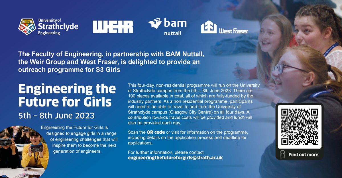 Applications are now OPEN for our Engineering the Future for Girls outreach programme, which is running at the University of Strathclyde in June 2023. An amazing opportunity for S3 girls to find out more about Engineering study and careers. Apply now: bit.ly/2RtXPUG
