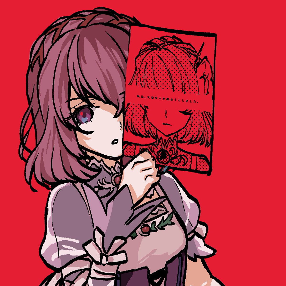 1girl red background holding solo looking at viewer purple hair simple background  illustration images