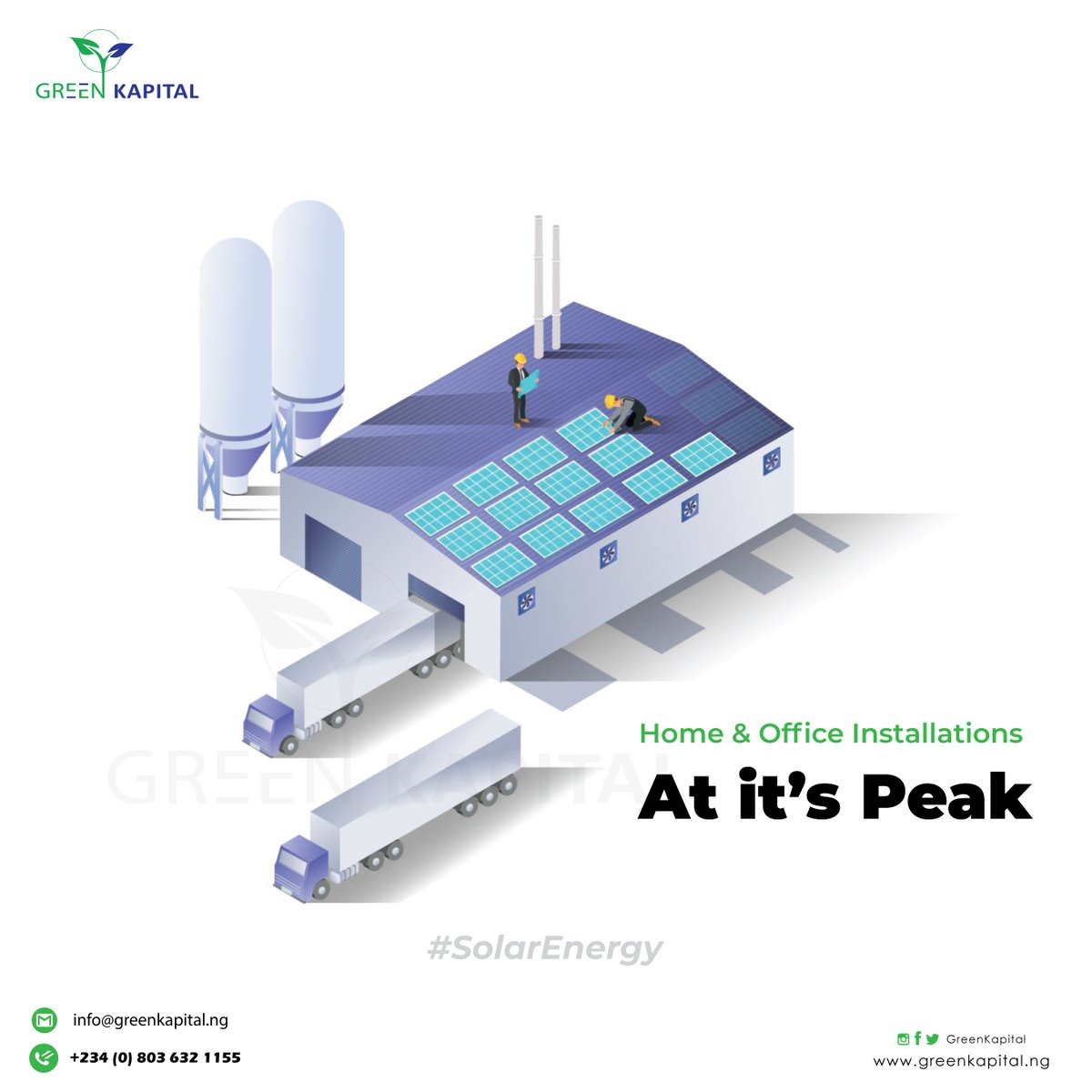 GreenKapitalNG's tweet image. With just one call, you can get your Home/Office ready for a Stable Energy source! 💡✅   Get in touch with us today! 
.
.
#GreenKapital #StableEnergy #EnergySource #SolarEnergy