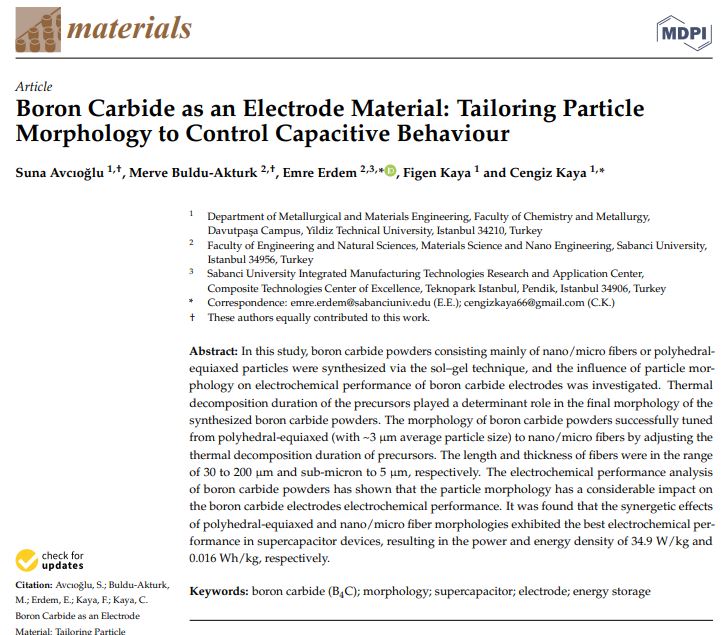 Just published today! Supercapacitors based on B4C (Boron Carbide) electrodes. Morphology matters in device performance! Enjoy reading our newest article. Thanks to great collaboration with Prof. <a href="/ProfCengizKaya/">Cengiz Kaya</a> <a href="/merveakturkphd/">Merve Buldu-Akturk</a> <a href="/MDPIOpenAccess/">MDPI</a>