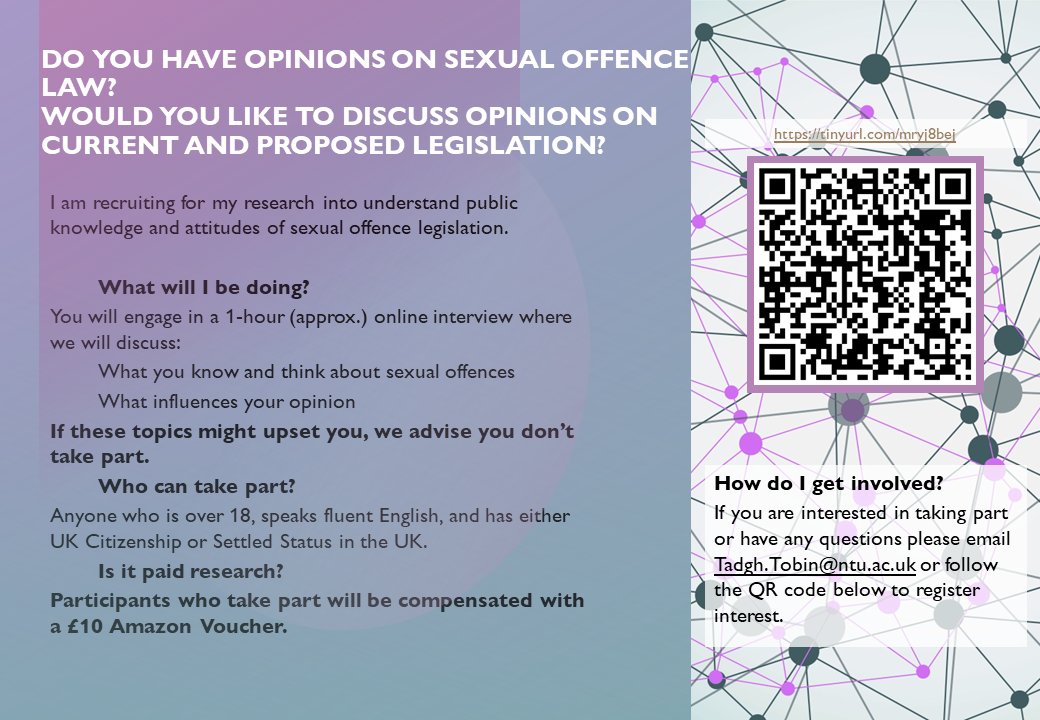 Tadgh Tobin, BSc., MSc (@tadghforpsych) on Twitter photo Reopening recruitment for my #PhD #Research. Looking into public understand and knowledge of sexual offence legislation. See ad for requirements.
tinyurl.com/registerintere…
<a href="/CraigHarper19/">Craig Harper</a> <a href="/R_Lievesley/">Rebecca Lievesley</a> <a href="/DrJennyMackay/">Jenny Mackay</a> Reopening recruitment for my #PhD #Research. Looking into public understand and knowledge of sexual offence legislation. See ad for requirements.
tinyurl.com/registerintere…
<a href="/CraigHarper19/">Craig Harper</a> <a href="/R_Lievesley/">Rebecca Lievesley</a> <a href="/DrJennyMackay/">Jenny Mackay</a>
