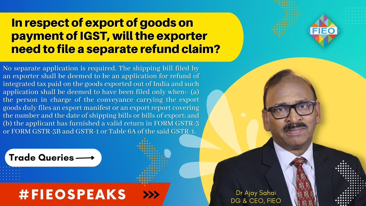 FieoHq's tweet photo. #TradeQueries

In respect of export of goods on payment of IGST, will the exporter need to file a separate refund claim?

#FIEOSpeaks #Exports #Imports #ecommerce #Trade #shipping #GST #IGST #Customs #ewaybill #SEZ #DESH #RoDTEP #RoSCTL #RFD #refund #claim #Form https://t.co/eFO6lHYSNG