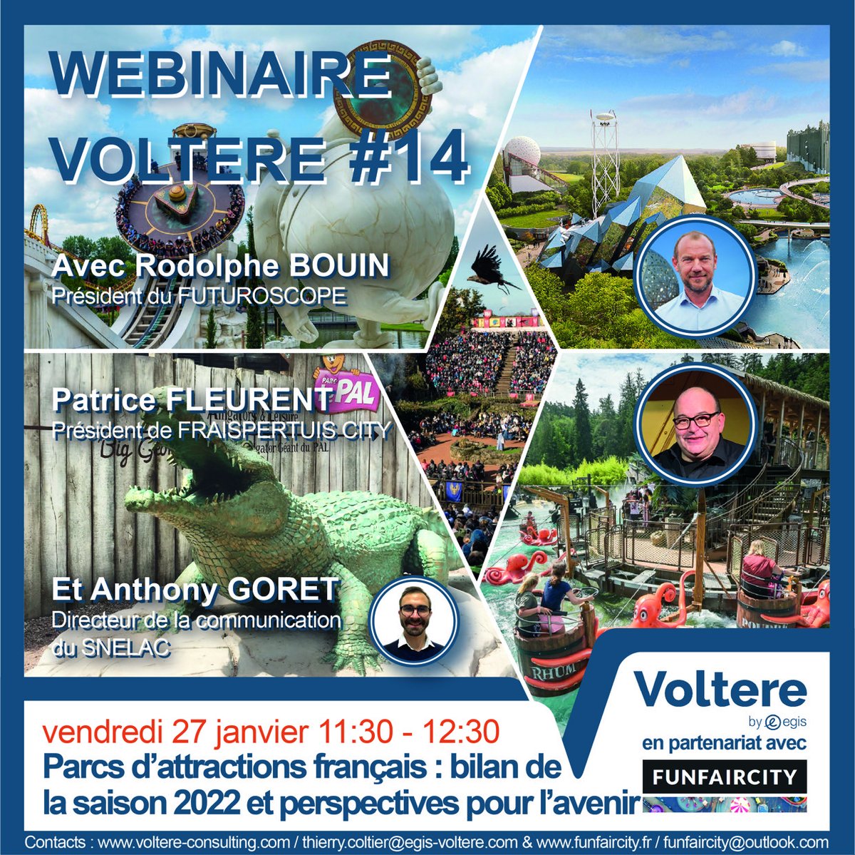 [Save the date : 27 Janvier]
Panel complet ! 
Nous aurons le plaisir de recevoir <a href="/RodolpheBouin/">Rodolphe Bouin</a>, Président du <a href="/futuroscope/">Futuroscope</a> 
Il rejoint Patrice Fleurent (<a href="/fraispertuis/">Fraispertuis-City</a>) et Anthony Goret (<a href="/snelac/">SNELAC</a>) pour cette édition exceptionnelle :
app.livestorm.co/p/f69dea76-666…