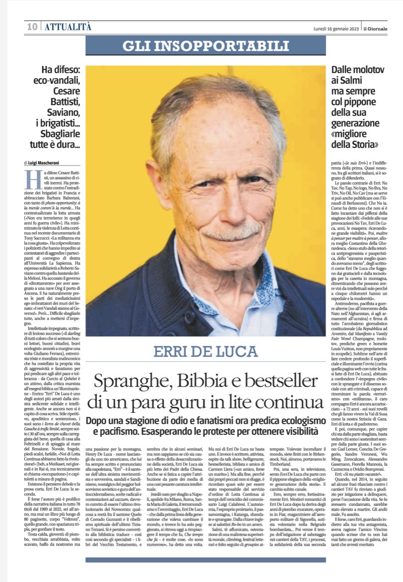 LuigiMascheroni's tweet photo. Per la serie “Gli insopportabili” dopo (tra gli altri) Parenzo, Toscani, Travaglio, Damilano, Veltroni, Jebreal, Brunetta, Sala, Severgnini, Saviano, Schlein, Gramellini, Burioni, Formigli, Soumahoro, Adani, Amadeus, mio affettuoso ritratto di Erri De Luca https://t.co/rILwoqtm6k https://t.co/mhaty3bqG4