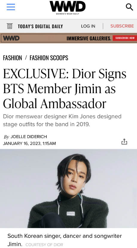 JIMINATION_ASOC's tweet photo. Women's Wear Daily announced an exclusive news about Jimin being signed as Dior Global Ambassador !

Congratulations Jimin ! 🎉

OMG PARK JIMIN
DIOR GLOBAL AMBASSADOR JIMIN
#JIMIN #BTSJIMIN
JIMIN JIMIN https://t.co/d6XsbTJzhw